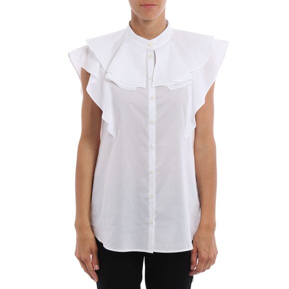 GIVENCHY White Ruched Sleeveless Poplin Ruffle Tab Collar Shirt Blouse - Sz 6 - Picture 1 of 9